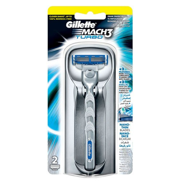 Gillette Mach3 Turbo Mens Razor handle and 2 Mach 3 Turbo Blade Refills ...